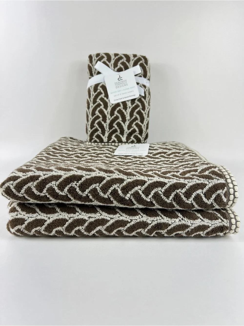 Deborah Connolly Bath Towel Set Brown Off White Modern Design Cotton 4 Pc NEW